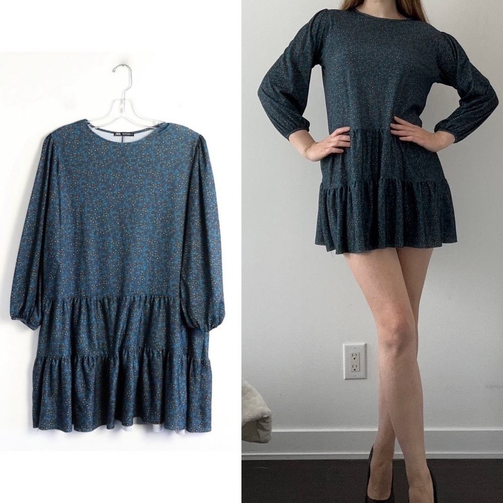 Zara blue floral tiered ruffle mini dress boho peasant long sleeve festival S